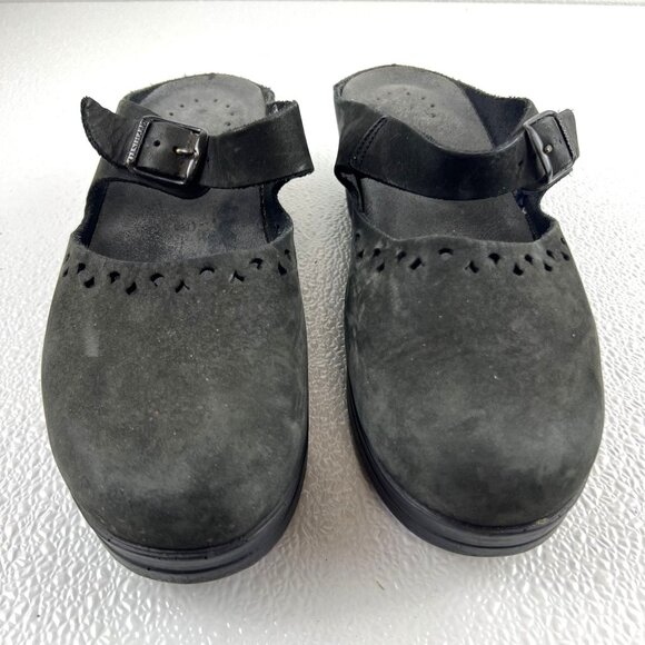 Mephisto Womens 40  Black Suede Mary Jane Clogs Adjust Strap Perforated Pattern - Picture 2 of 12
